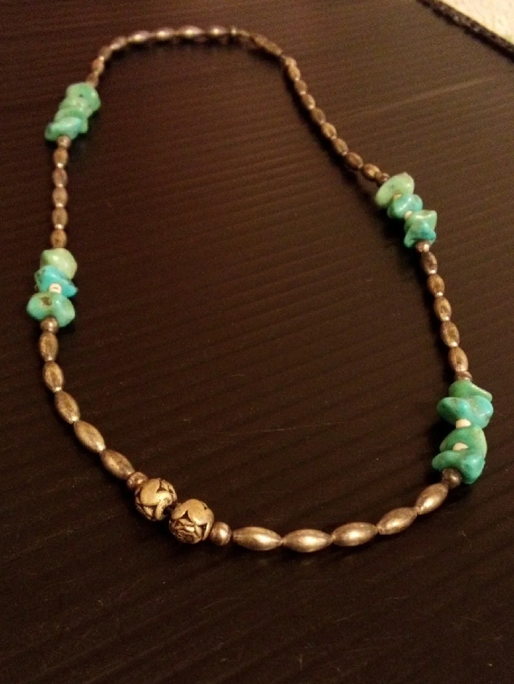 Turquoise Chip & Antiqued Silver Bead Necklace - Women Jewelry - Picture 1 of 5